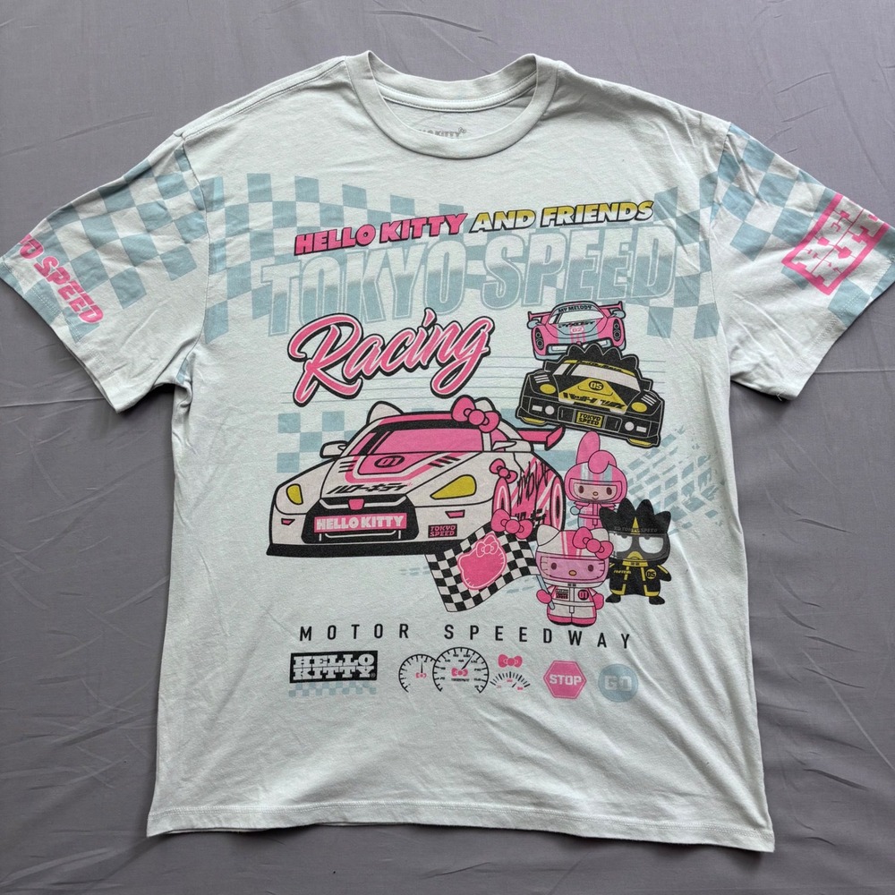 Hello Kitty and Friends Tokyo Speed Racing Graphic T-Shirt XS Hybrid Sanrio Blue